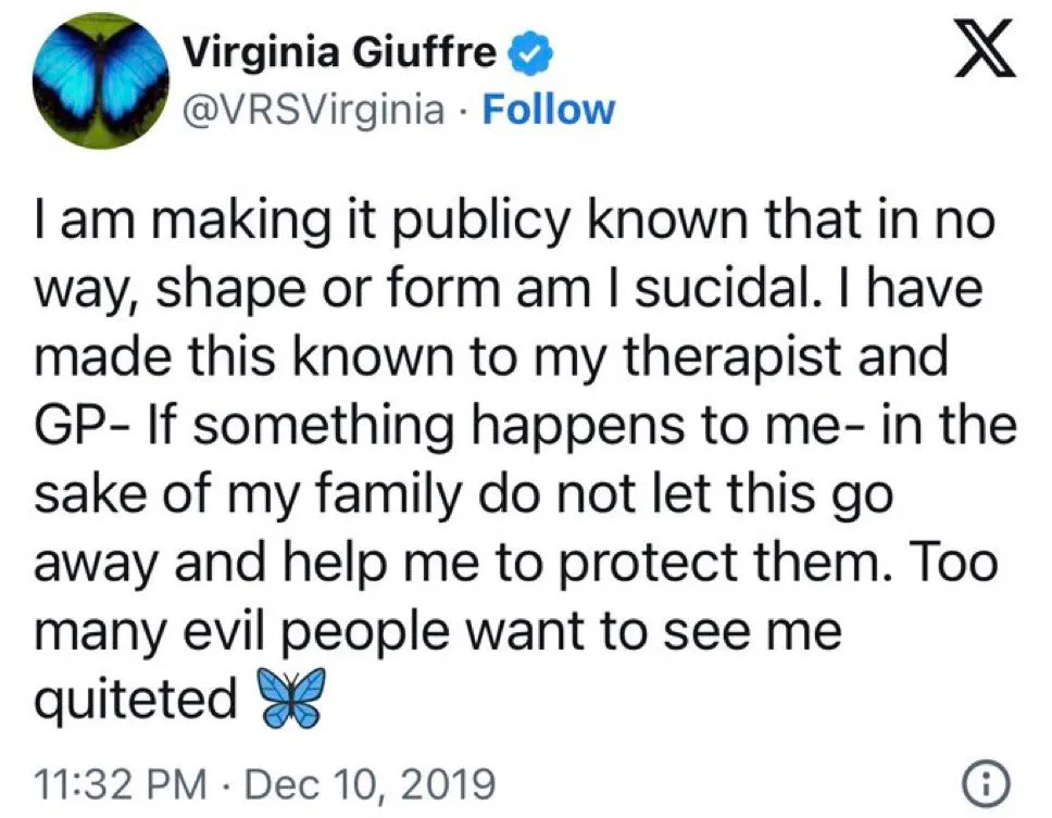 Bilaga 1. Virginia Giuffres tweet från 2019 där hon förklarar att hon inte är självmordsbenägen.